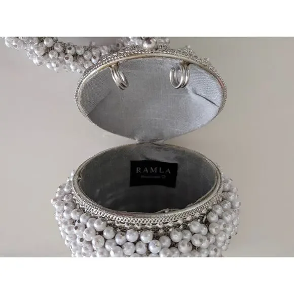 Ramla Cocktail Pearl Handmade Beaded Bag Silver Evening Clutch Purse Handbag - Picture 6 of 9